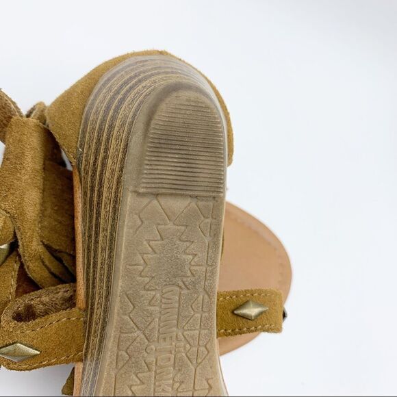 Minnetonka Merriam Suede Fringe Sandals Tan Wedge Sz 8 - Picture 13 of 13